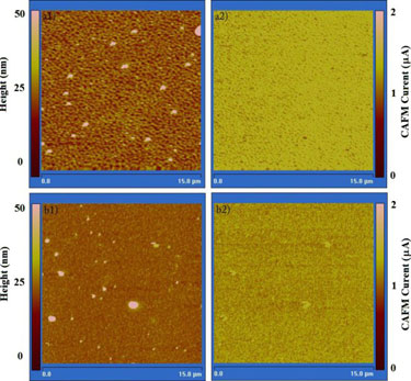 Topographic and CAFM images of YBCO/STO bilayers grown over STO substrates.