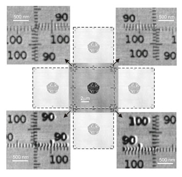 Four stitched fields arranged around a central master
