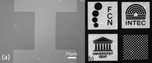 (a) SEM images of a micro-patterned OH- terminated PbS QD film. (b) Fluorescence microscope image of a CdSe/CdS micropatterned film. (a) SEM images of a micro-patterned OH- terminated PbS QD film. (b) Fluorescence microscope image of a CdSe/CdS micropatterned film.