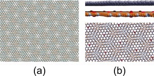 (a) Moiré pattern formed by graphene and boron nitride; (b) Side and top views of the system after oxygen incorporation into boron nitride (a) Moiré pattern formed by graphene and boron nitride; (b) Side and top views of the system after oxygen incorporation into boron nitride