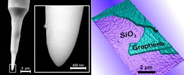 Left to right: tip details and AFM image of graphene layers