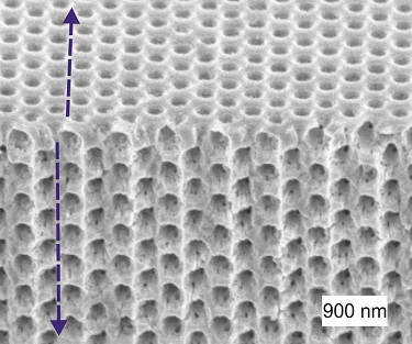 SEM image of a photonic crystal in silicon.