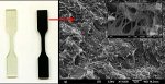 From left to right, an untreated sample of polymer material, the new nanocomposite and a scanning electron microscopy image showing the nanotubes dispersed in the polymer resin.