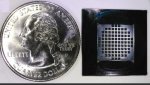 Photograph of the membrane chip that contains 89 open windows. Each window is 50 microns in diameter.