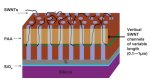 Diagram showing the "porous anodic alumina template" created by Purdue engineers to grow carbon nanotubes vertically out of tiny cavities on top of a silicon wafer.