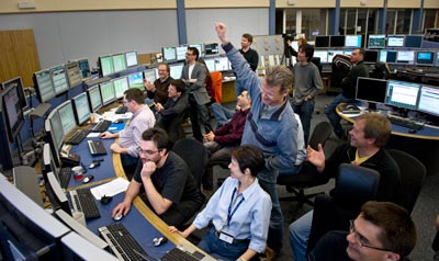 LHC workers celebrate two beams circulating at 3.5 TeV, last Friday