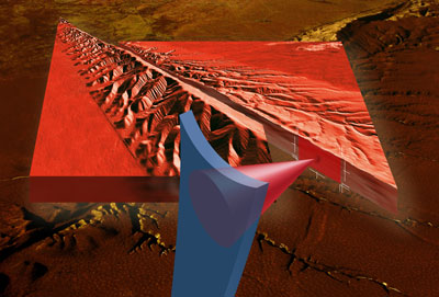 A montage showing the tip of an atomic force microscope