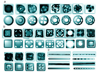 Electron-microscope images and drawings showing several nanostructures