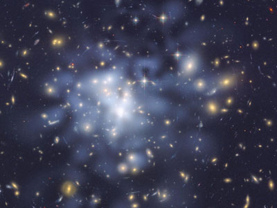 Hubble Space Telescope image of inferred dark matter in the centre of the giant galaxy cluster Abell 1689