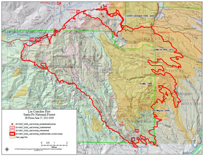 Map of the extent of the Las Conchas fire