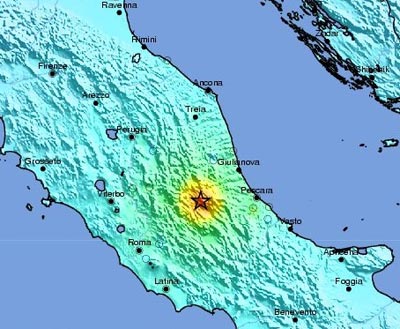 Χάρτης που δείχνει τη θέση του σεισμού του 2009 στην Λ 'Άκουιλα
