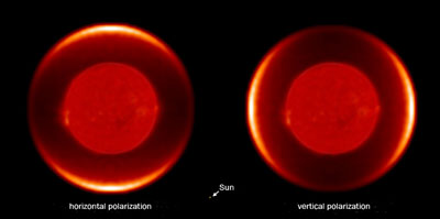 Computer-simulated image of the dust shell around one of the red-giant stars along with the Sun for scale