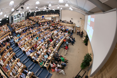 Photograph of CERN auditorium where the Higgs discovery was announced