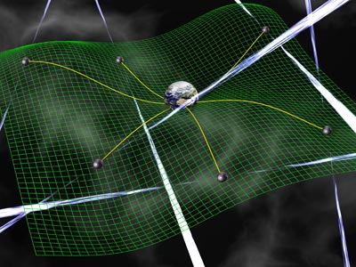 Artist's impression of how pulsars could be used to detect a gravitational wave