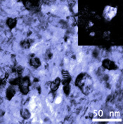 Images showing how the grain structure of nanocrystalline tungsten is stabilized in an alloy of titanium